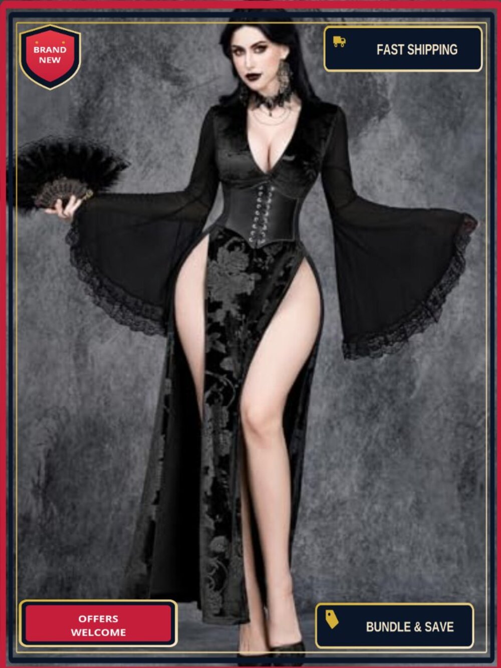Gothic High Slit Maxi Dress Lace Embroidered Corset V-Neck Party Gown - Picture 4 of 6
